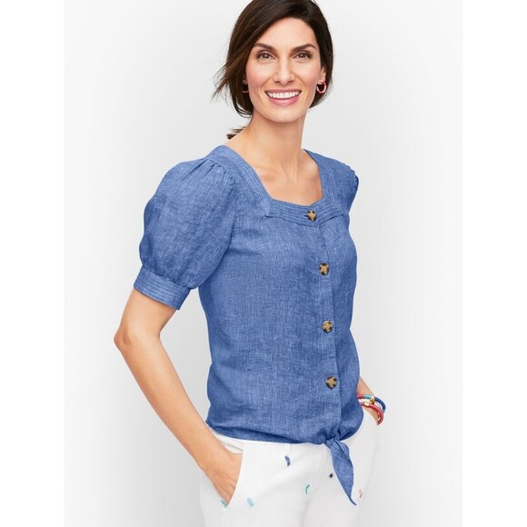 TALBOTS Plus Linen Tie Waist Top X (0X) Cross Dye Blue Button Up Blouse NWT B68 - Picture 1 of 6